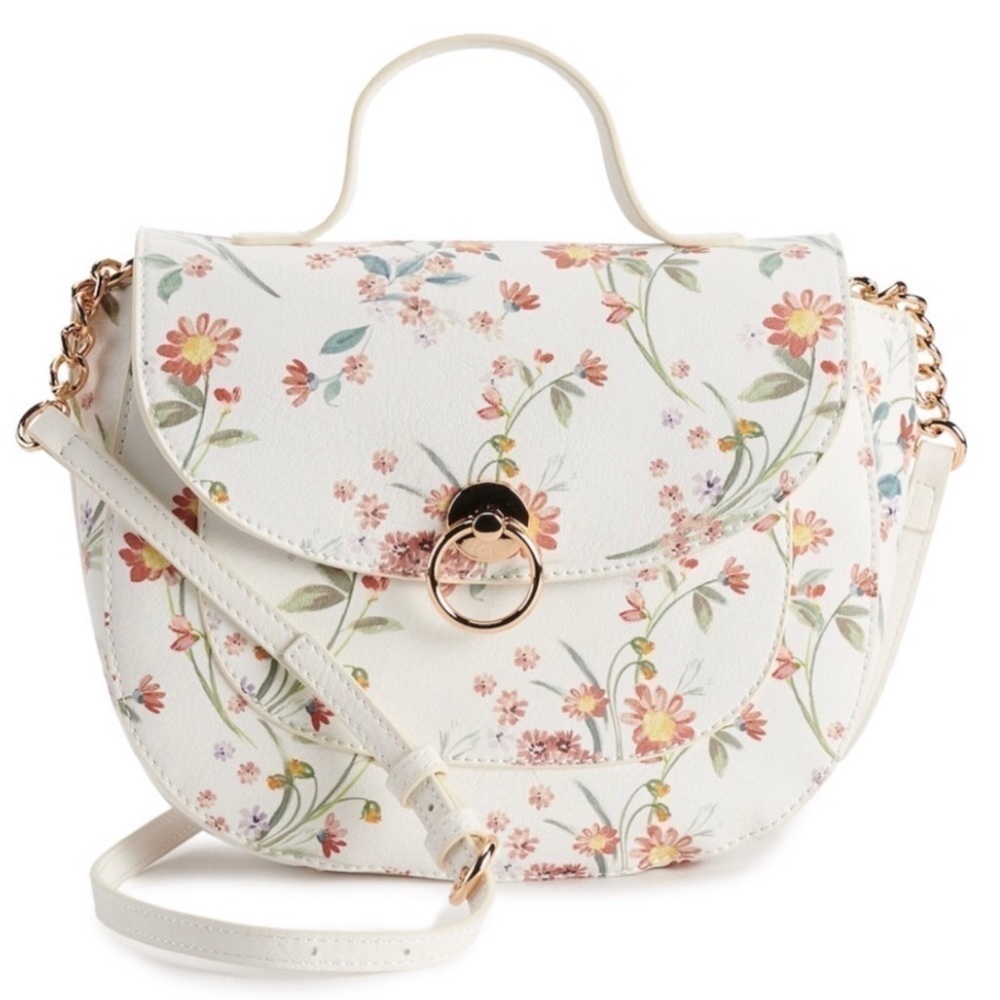 New! Faux Leather White Pastel Floral Crossbody Top Handle Saddle Bag